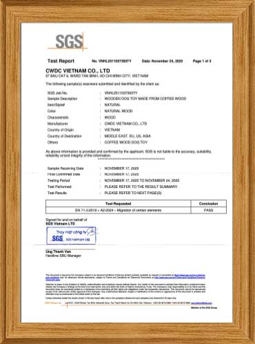 コーヒーウッドは鹿の角や骨のような犬に対する危険性がありません。コーヒーウッドの安全性を示す証明書。